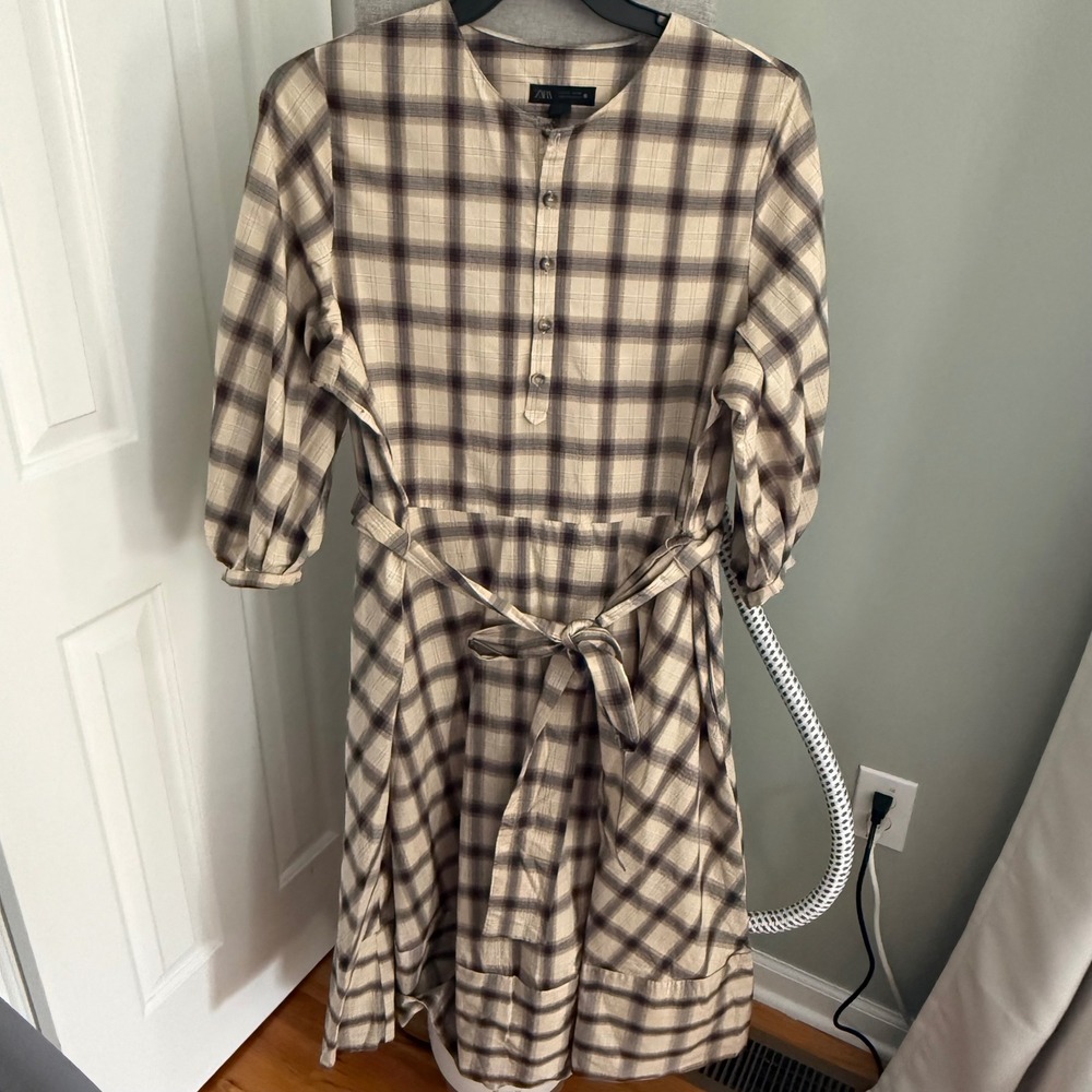 Zara Plaid Midi Dress L Brown Beige Belted Dark Academia Cottagecore Fall